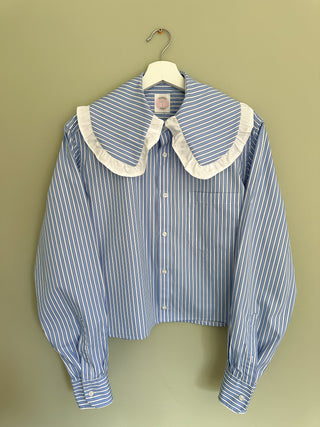 Blue Stripe Shirt with White Frilly Collar