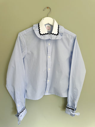 Blue Shirt with Frilly Collar & Navy Trim