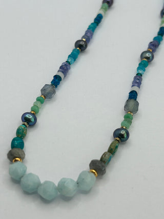 Aquamarine, Chrysoprase, Tanzanite, Kyanite & Pearl Necklace