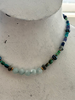 Aquamarine, Chrysoprase, Tanzanite, Kyanite & Pearl Necklace