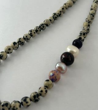 Dalmation Jasper, Amethyst, Pearl, Garnet & Galactic Jasper Necklace