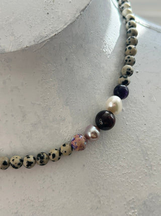 Dalmation Jasper, Amethyst, Pearl, Garnet & Galactic Jasper Necklace