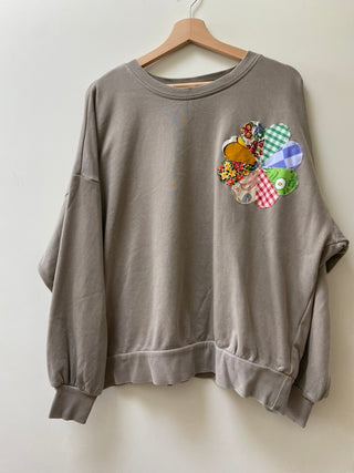 Light Khaki Sweatshirt with Small Flower Patchwork design, Medium