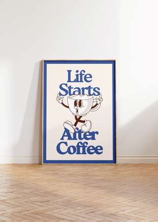 Life Starts After Coffee Retro Wall Art Print (Blue)