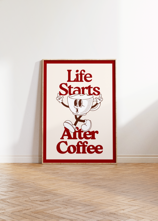 Life Starts After Coffee Retro Wall Art Print (Red)