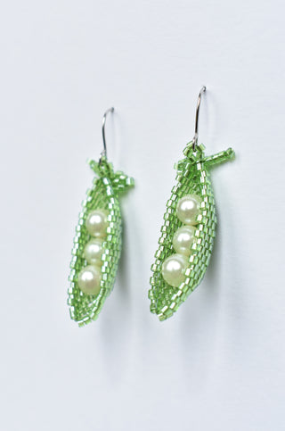 Beaded Light Green Pea Pod Earrings