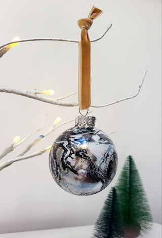 Marbled Glass Christmas Bauble - Black, White, Silver