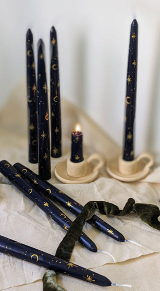 Pair of Hand Painted Moon & Star Tapered Candles