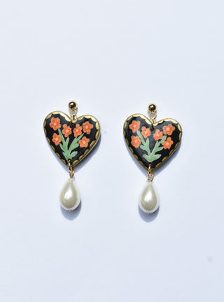 Orange Flower Heart Painted Earrings
