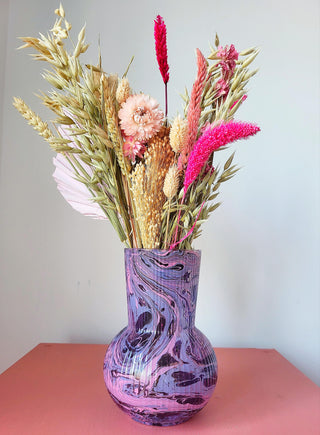 Pink & Purple Marble Ribbed Glass Vase