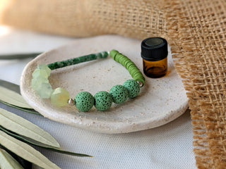 Green Essential Oil Diffuser Bracelet - Prehnite, Moss Agate, lava bead and heishi