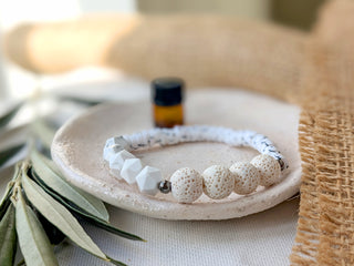 White Essential Oil Diffuser Bracelet - Howlite, lava bead and heishi