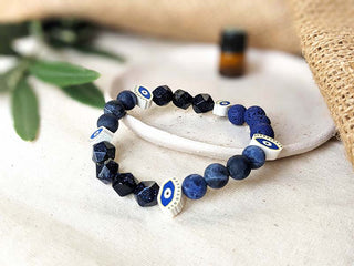 Dark Blue Essential Oil Diffuser Bracelet - Evil eye, Sodalite & Blue Sandstone