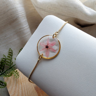 Pink Chive Blossom Adjustable Bracelet with Mother of Pearl