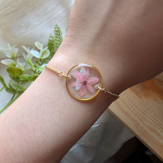 Pink Chive Blossom Adjustable Bracelet with Mother of Pearl
