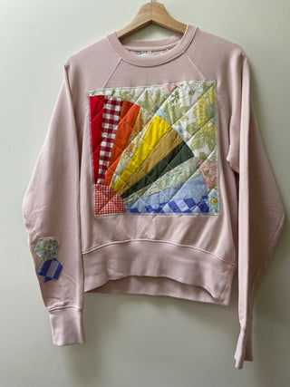 Pale Pink Sweatshirt with Fan Patchwork design, Small