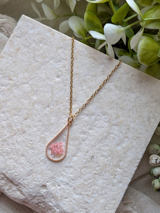 Pink Queen Anne’s Lace Teardrop Necklace