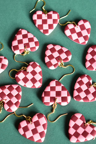 Pink Checkerboard Heart Earrings