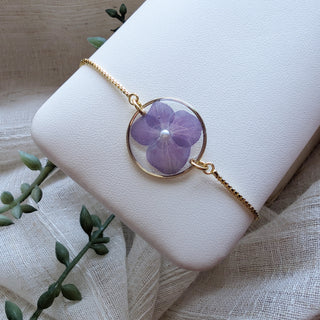 Purple Hydrangea Adjustable Bracelet with Pearl