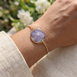 Purple Hydrangea Adjustable Bracelet with Pearl