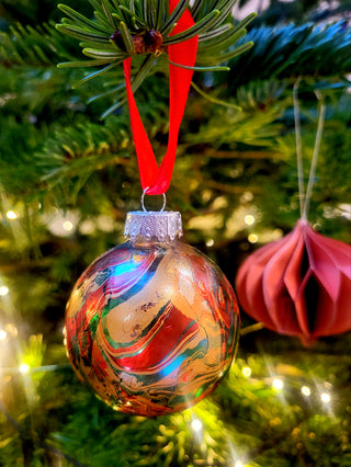 Marbled Glass Christmas Bauble - Red, Greens, Gold