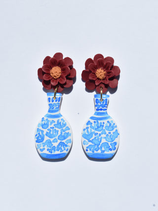Red Flower Painted Vase Earrings