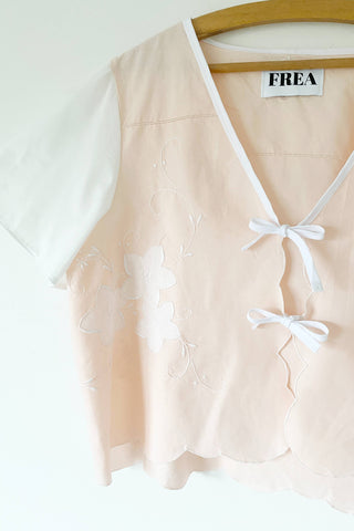 Soft Pink V Neck Scalloped Edge Blouse With Front Ties