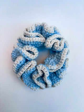 Crochet Scrunchie - Baby Blue with Cream Trim