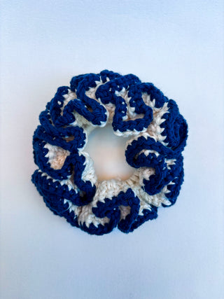 Crochet Scrunchie - Cream with Navy Trim