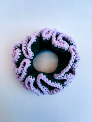 Crochet Scrunchie - Green with Pink Trim