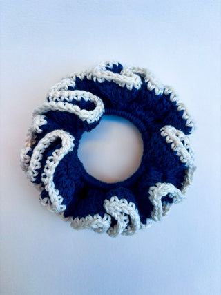 Crochet Scrunchie - Navy with Cream Trim