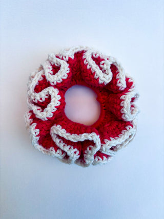 Crochet Scrunchie - Red with Cream Trim