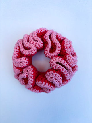 Crochet Scrunchie - Red with Pink Trim