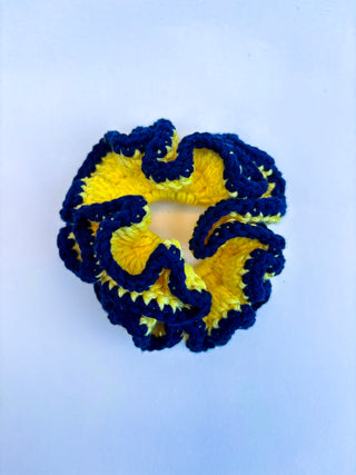 Crochet Scrunchie - Yellow with Navy Trim