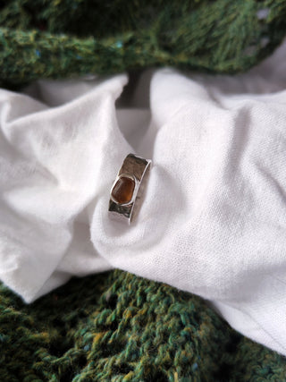 Sea Glass Ring - Hammered Band Size M Amber