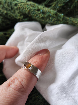 Sea Glass Ring - Hammered Band Size M Amber
