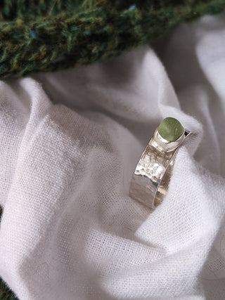 Sea Glass Ring - Hammered Band Size M Sage