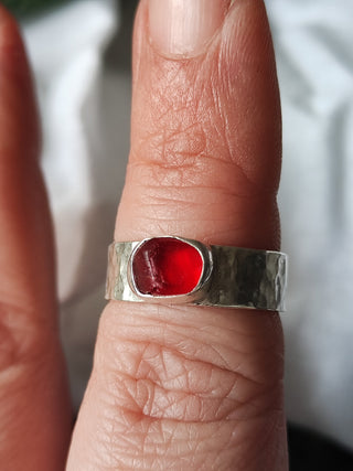 Sea Glass Ring - Hammered Band Size O