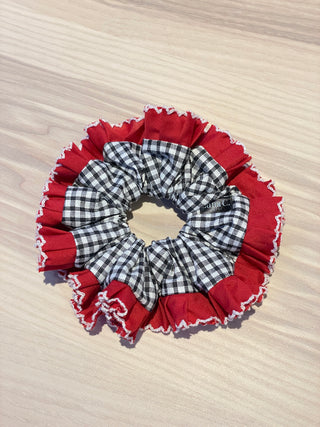 Single Layer Scrunchie - Grey and White Gingham and Red Ruffle