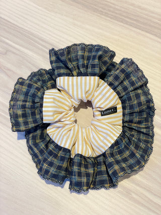 Single Layer Scrunchie - Light Orange Stripe and Navy Blue Gingham Ruffle