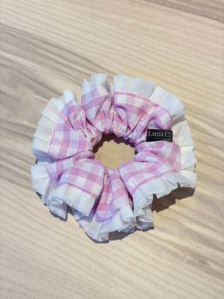 Single Layer Scrunchie - Light Pink and White Gingham and White Ruffle