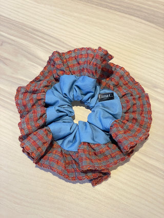 Single Layer Scrunchie - Royal Blue and Dark Red and Grey Gingham Ruffle