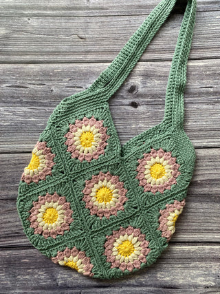 Soft Green Flower Crochet Tote Bag