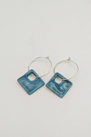 Large Blue Filled Square Earrings (Sterling Silver)