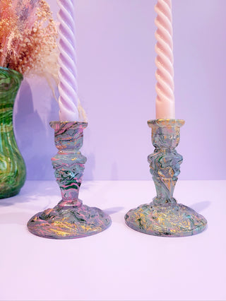 Marbled Candle Stick Holder - Tall -   Pink, Lilac, Green