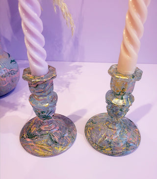 Marbled Candle Stick Holder - Tall -   Pink, Lilac, Green