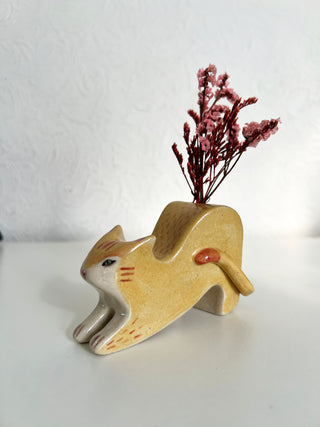Stretching Cat Vase Yellow Tabby