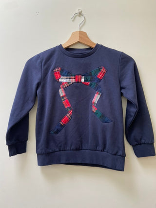 Kid’s Navy Sweatshirt with Tartan bow appliqué, 6-7yrs