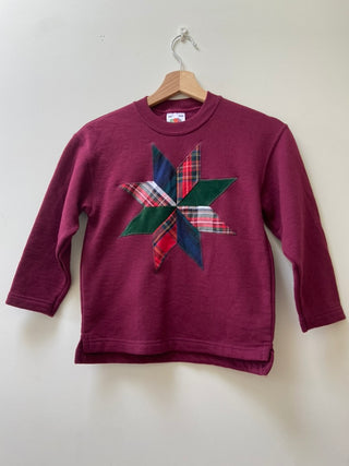 Kid’s Burgundy Sweatshirt with Tartan and Velvet Star Patchwork design, 7-8 yrs