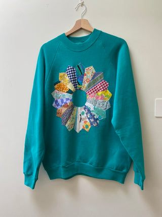 Turquoise Sweatshirt with Wreath Patchwork design, Large